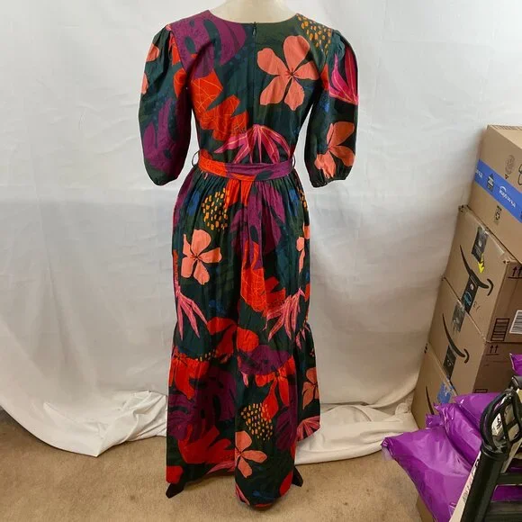 Maude Vivante Maxi Dress XS Half Sleeve Tie Waist Dark Green Pink Purple Red - Picture 11 of 15